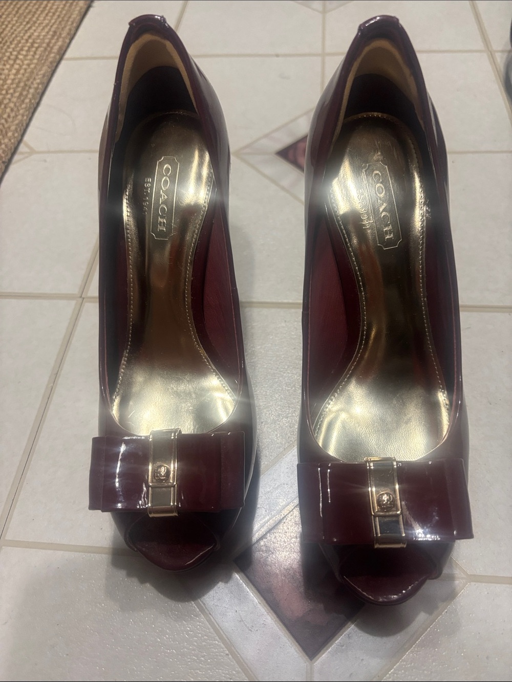 Coach Women’s Burgundy Patent Peep-Toe Heels with Bow Accent